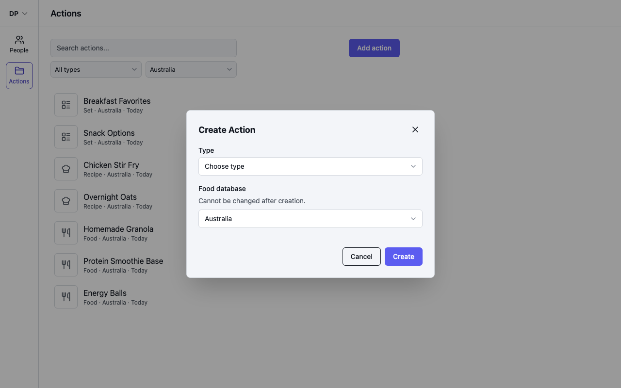 The Add action dialog with type and food database fields