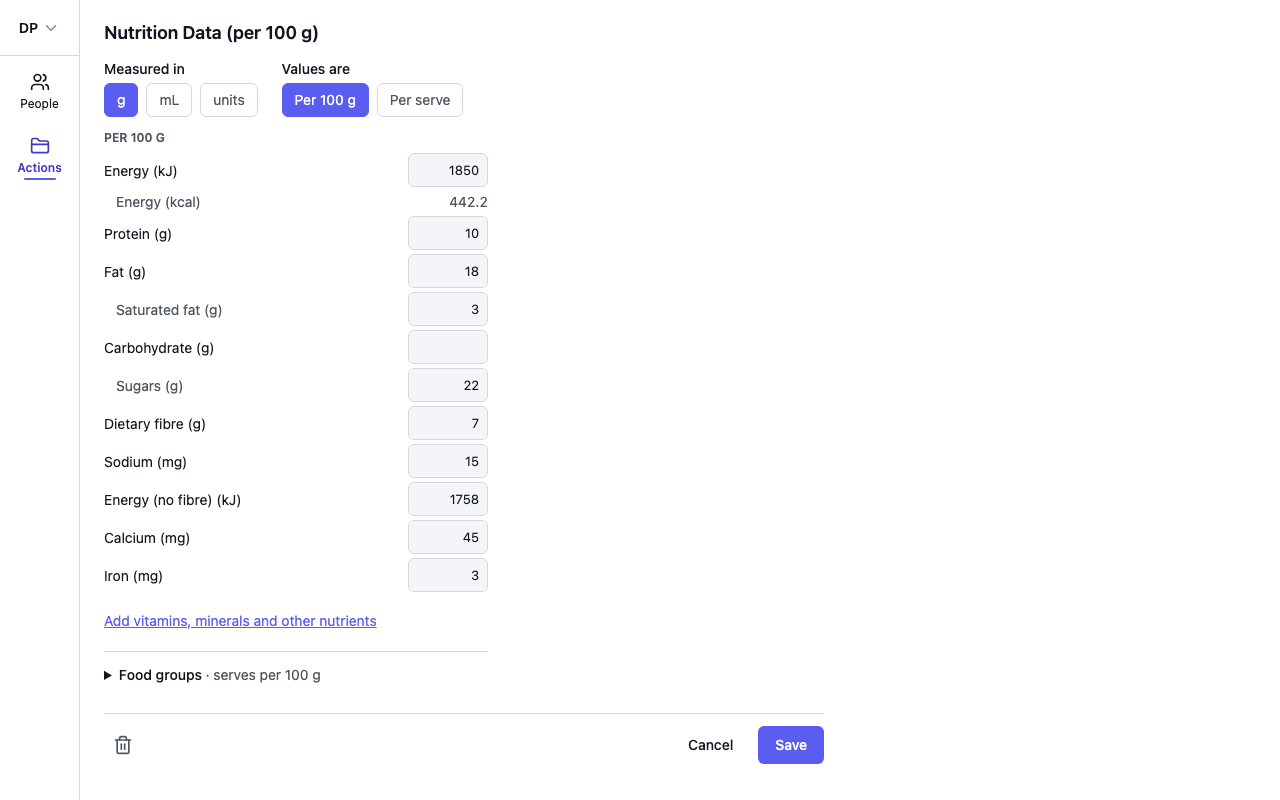 The nutrition data entry form on a custom food