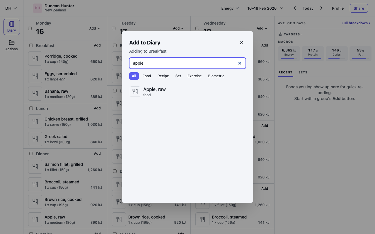 The Add to Diary dialog with search and type filters