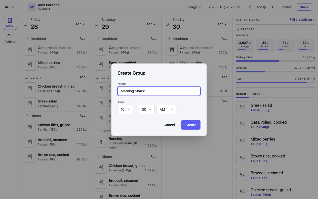 The Create Group dialog with a name and time