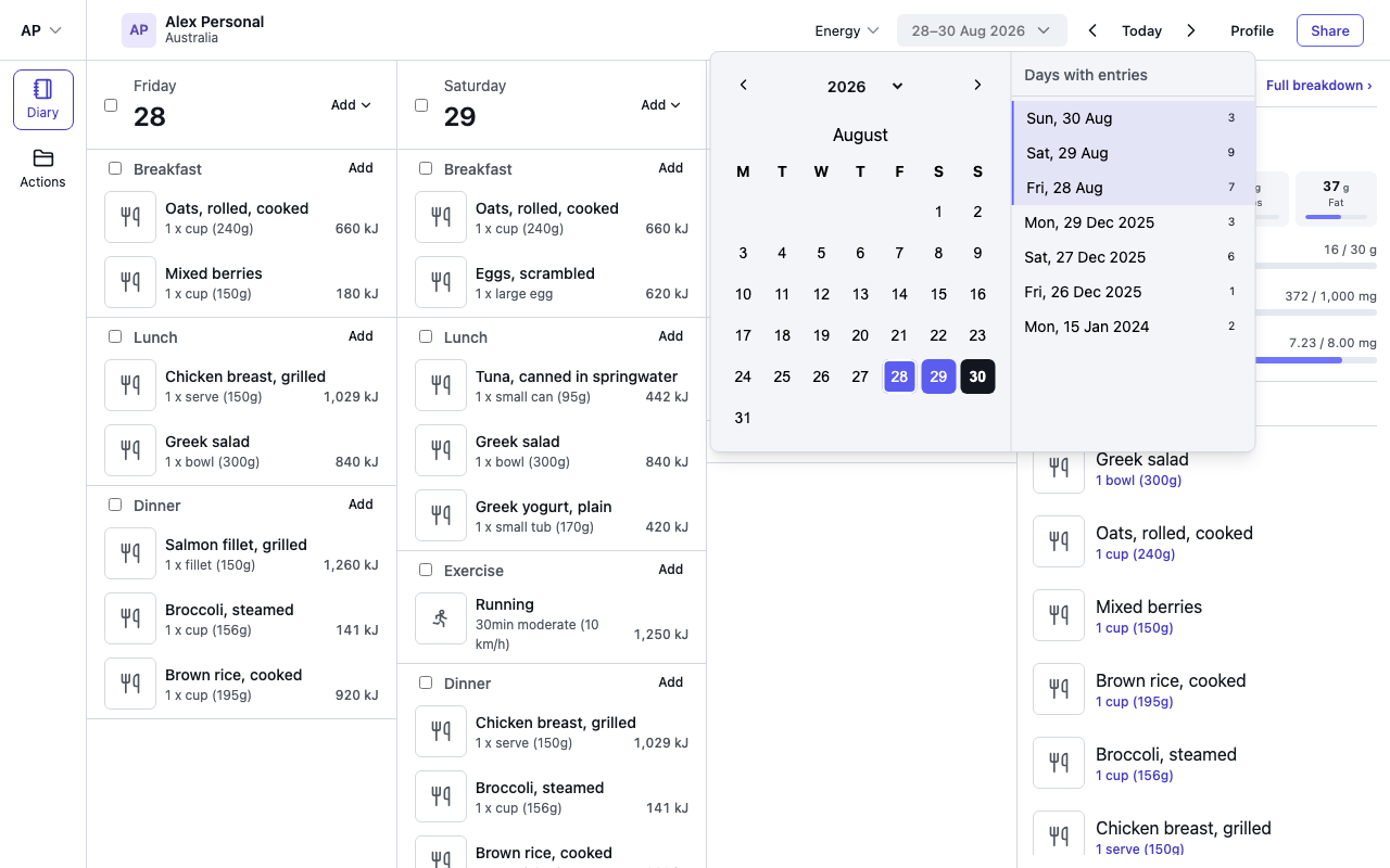 The date picker with a calendar and the Days with entries list
