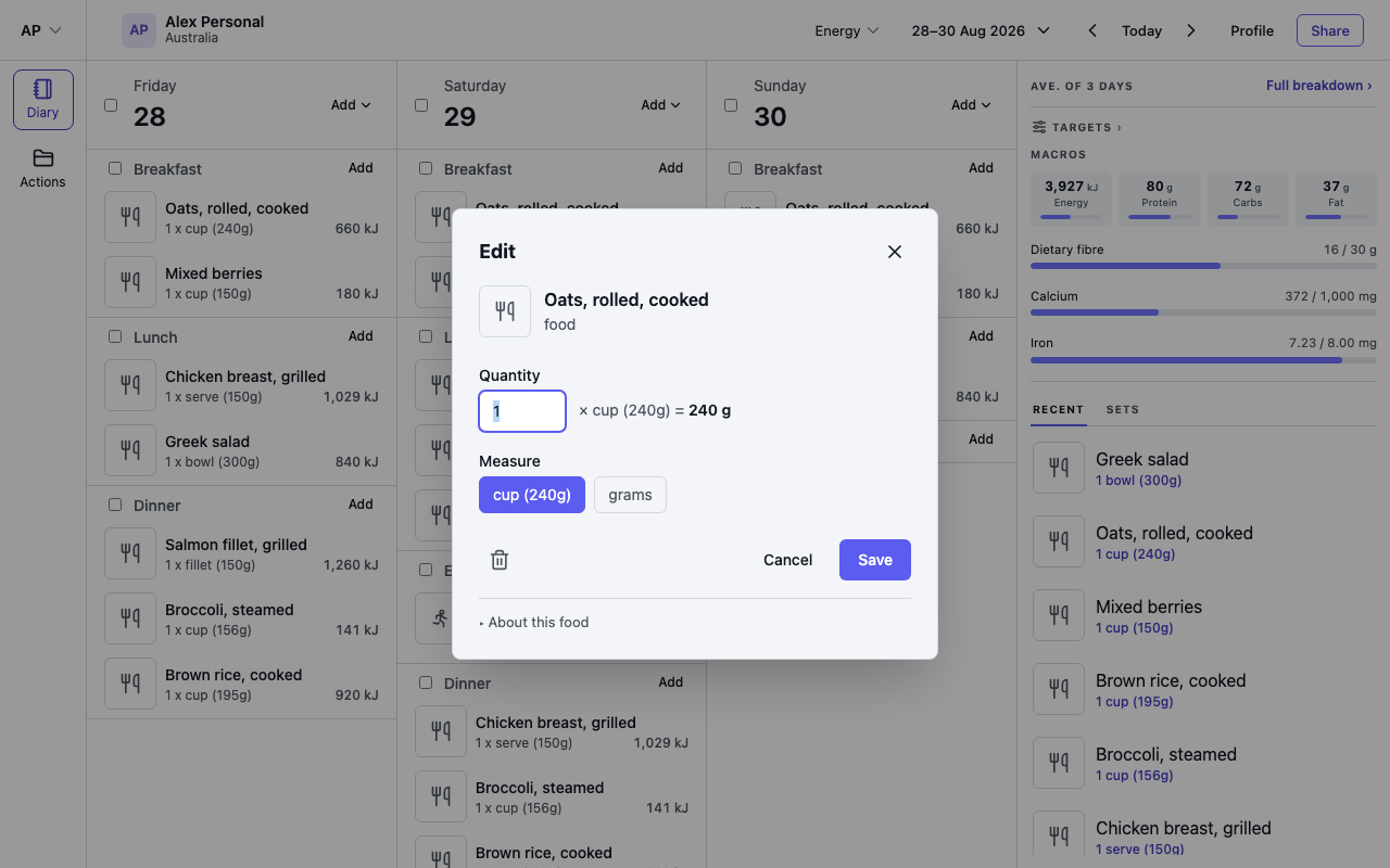 Editing a diary entry's quantity and measure