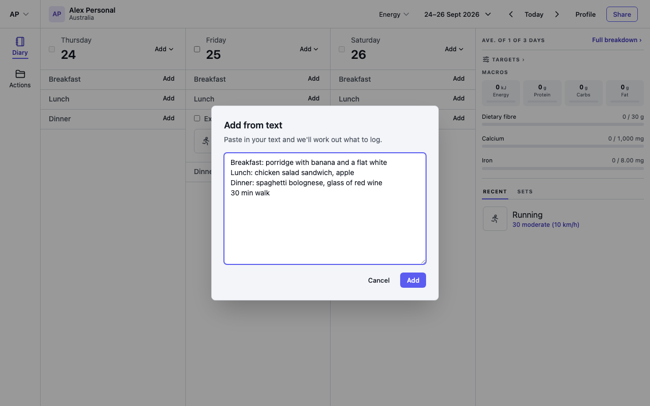The Add from text dialog with a day of meals typed in