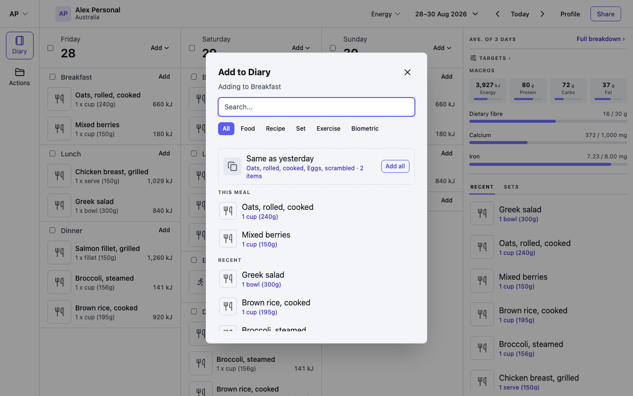 The Add to Diary dialog showing Recent items