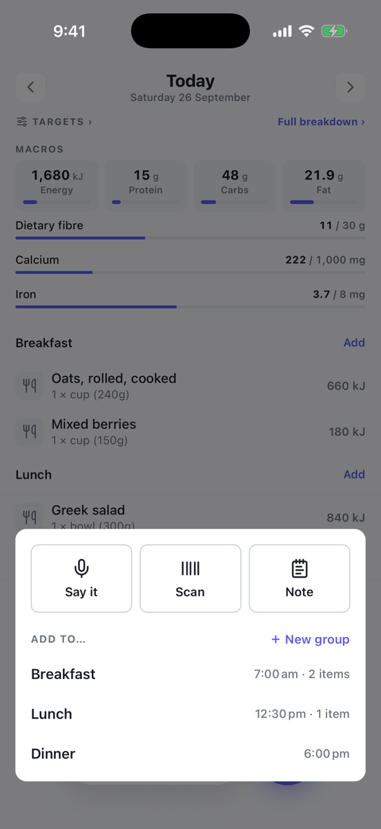 The Add to… sheet with Say it, Scan and Note at the top, then Breakfast, Lunch and Dinner