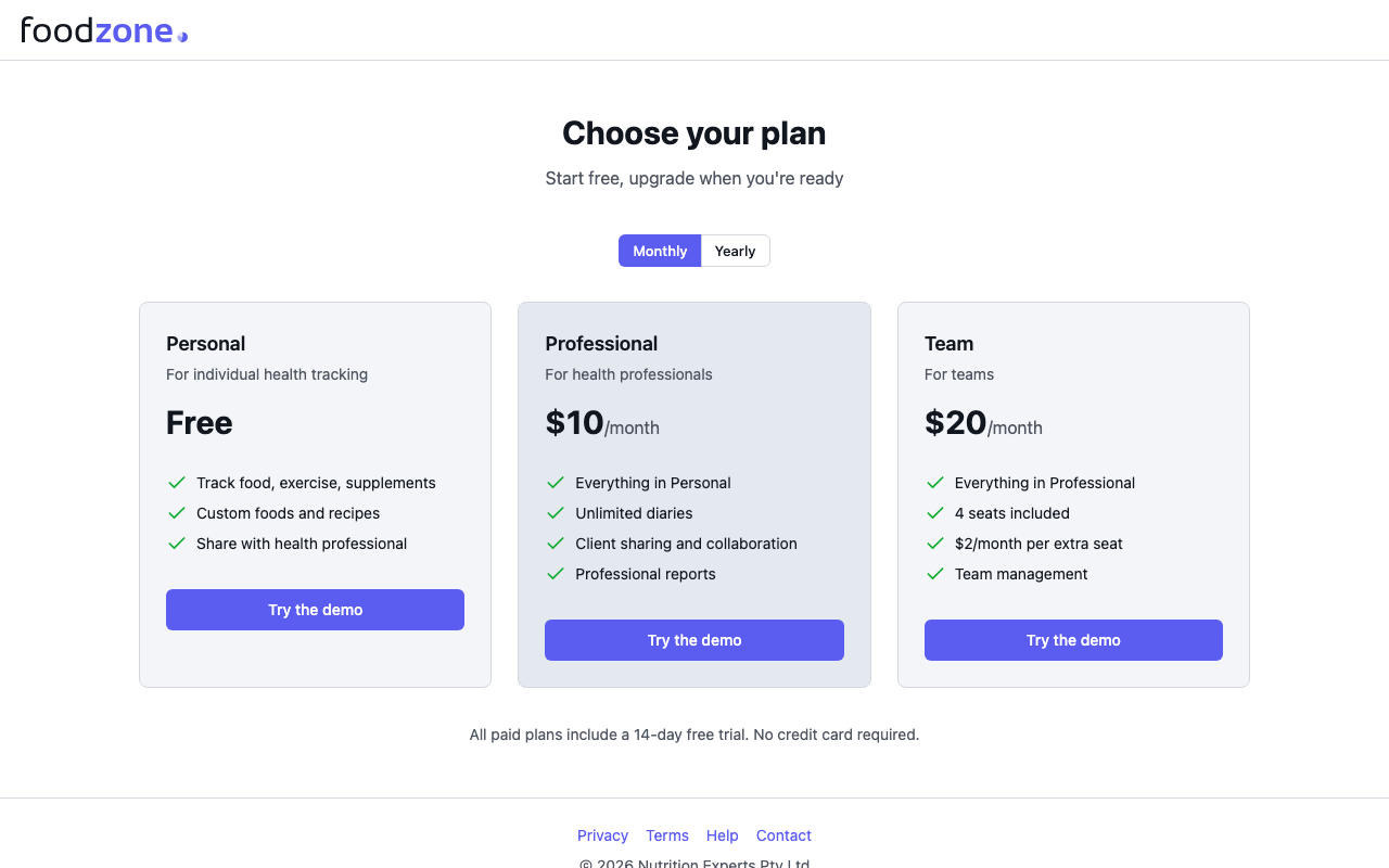 The Foodzone pricing page with Start free and Start trial buttons