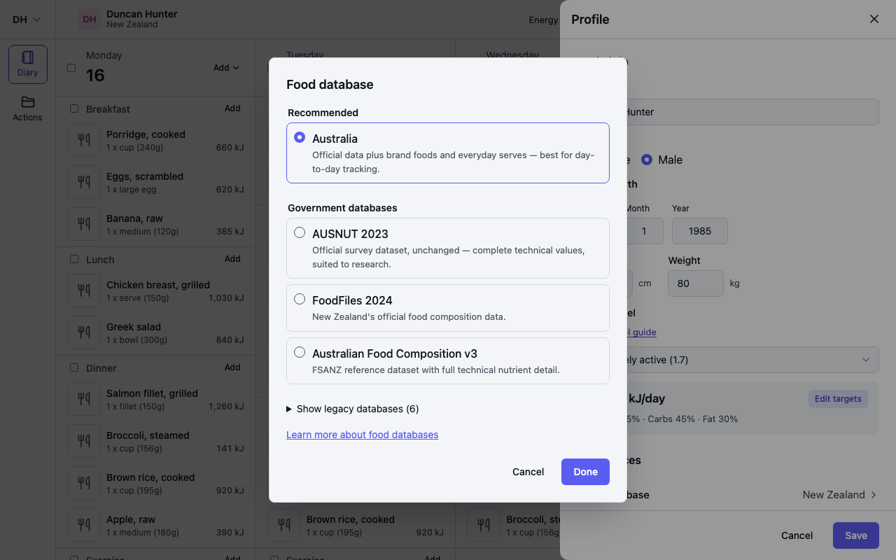 The Food database options in the profile Preferences