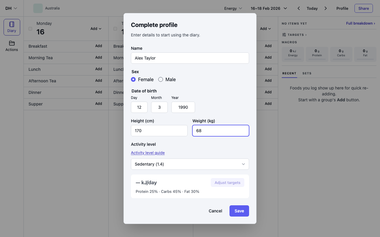 The Complete Profile dialog