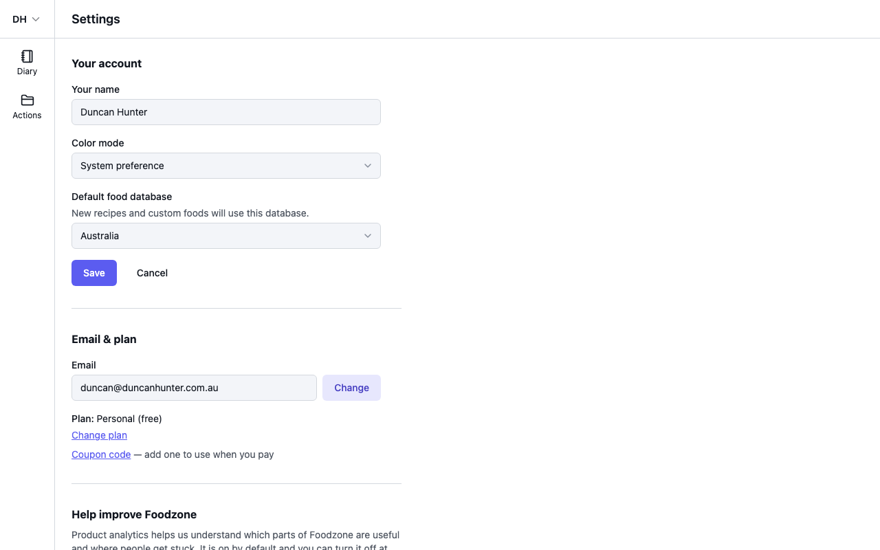 The Default food database selector in Settings