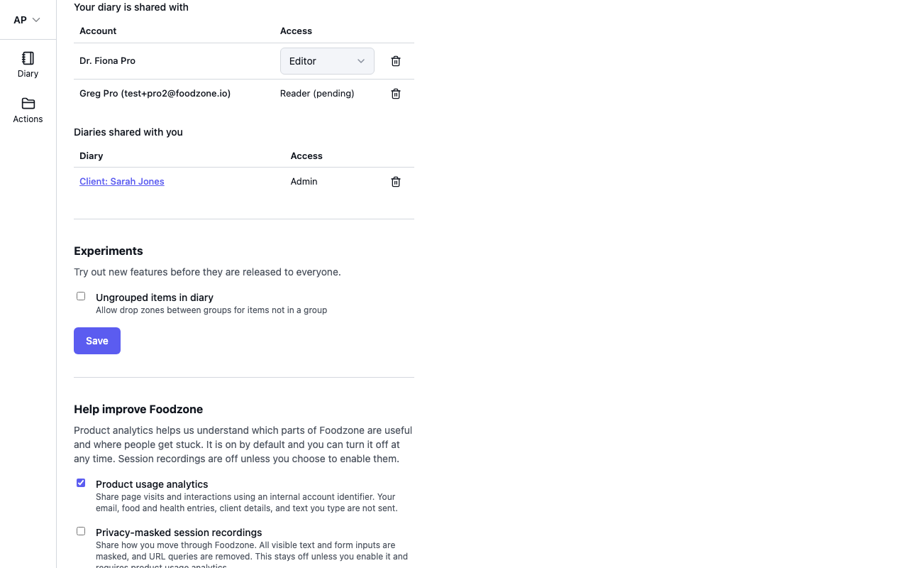 The "Your diary is shared with" list in Settings