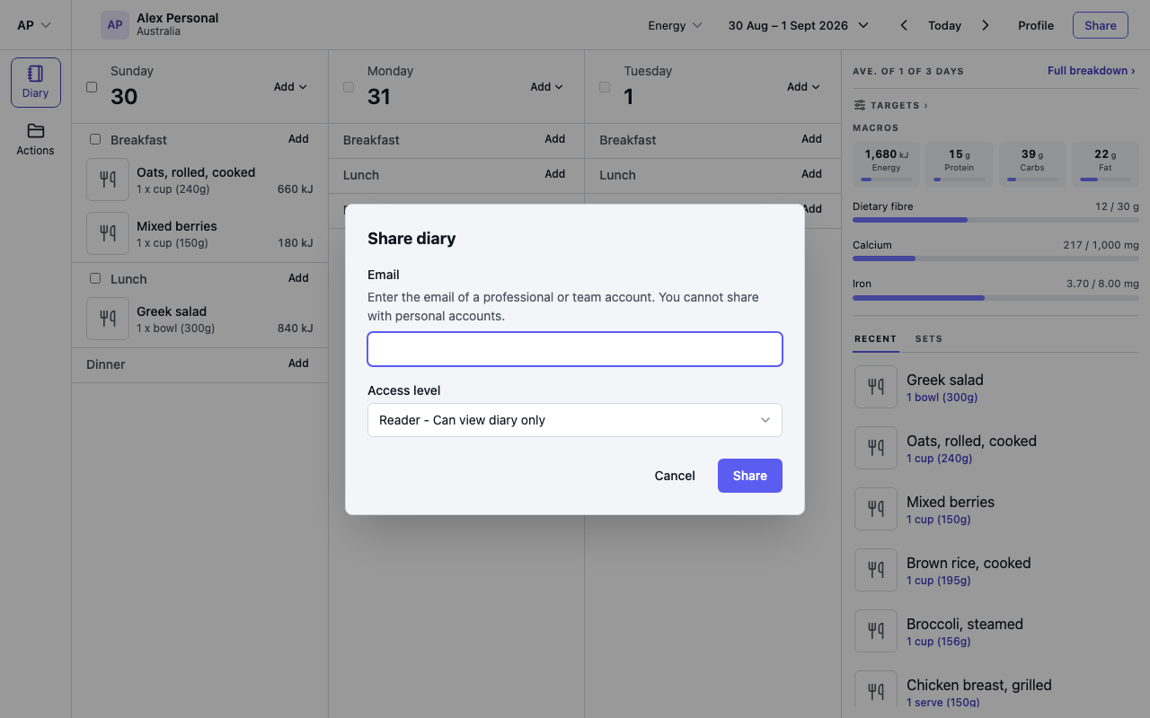 The Share diary dialog with email and access level