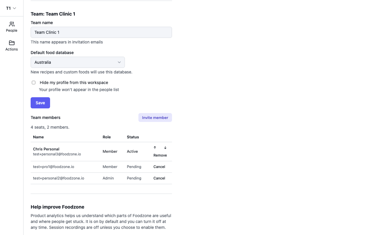 The Team members section in Settings with a pending invitation